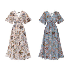 Elegant Vintage Floral Print Chiffon Maxi Dress