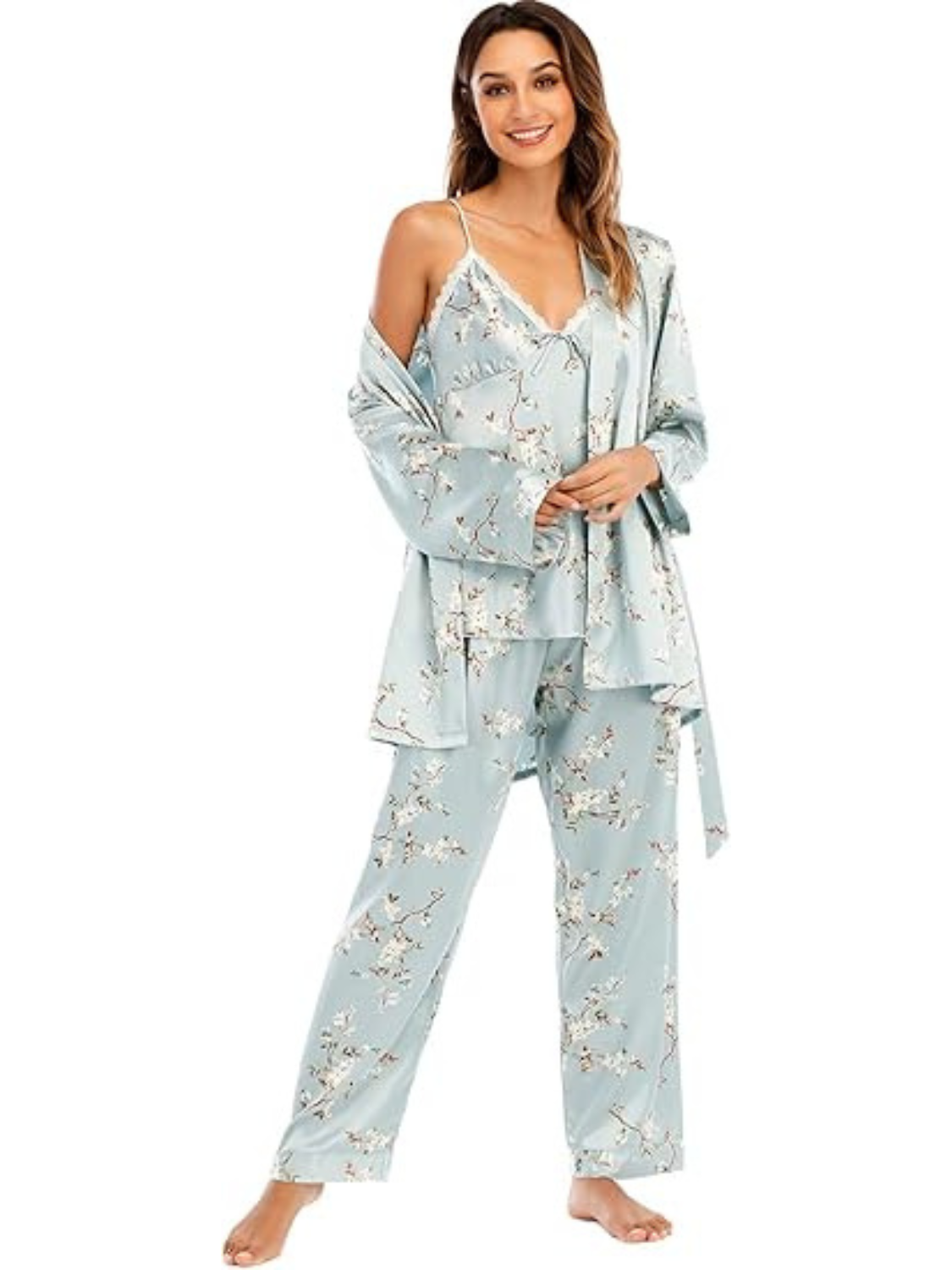 3-teiliges seidiges Pyjama-Set mit Blumenmuster