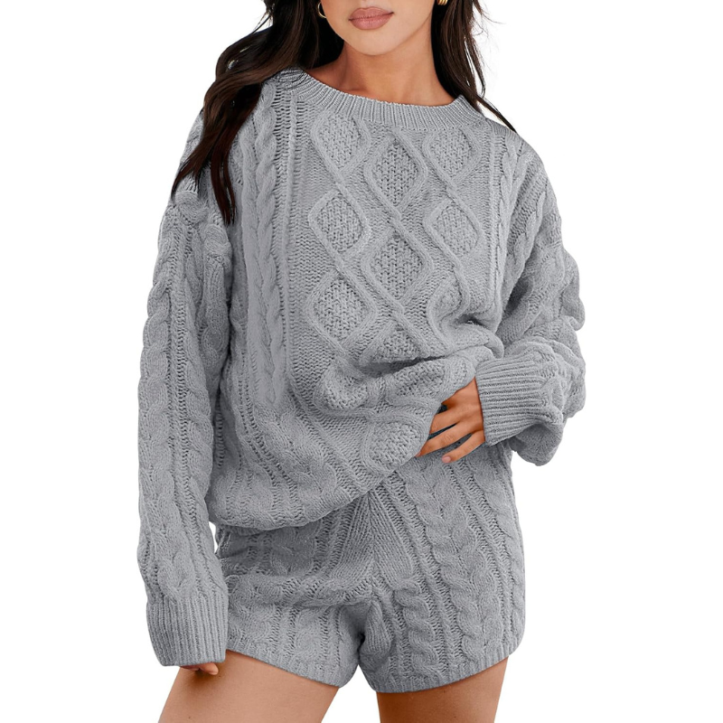 2 Piece Casual Cable Knit Sweater And Shorts Set