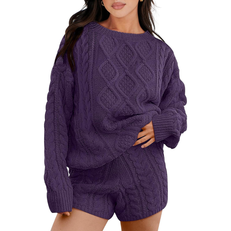 2-teiliges lässiges Set aus Pullover und Shorts mit Zopfmuster