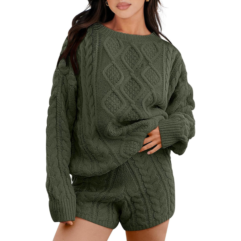 2-teiliges lässiges Set aus Pullover und Shorts mit Zopfmuster