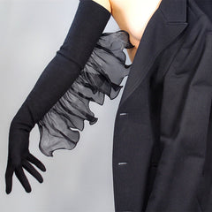 Cashmere Gloves Extra Long Wool Black Elastic Transparent Organza Wave