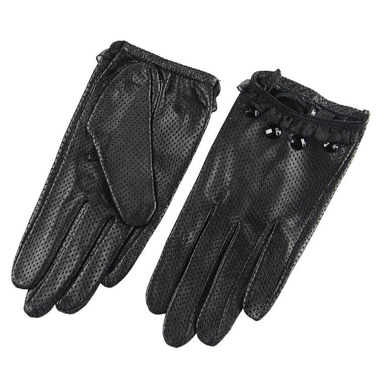 Damen-Handschuhe aus perforiertem Schaffell, atmungsaktiv, einfarbig, aus Leder, für Touchscreens, mit Vollfinger
