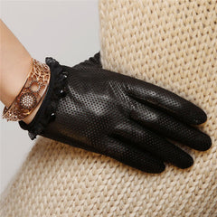 Damen-Handschuhe aus perforiertem Schaffell, atmungsaktiv, einfarbig, aus Leder, für Touchscreens, mit Vollfinger