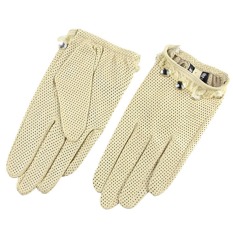 Damen-Handschuhe aus perforiertem Schaffell, atmungsaktiv, einfarbig, aus Leder, für Touchscreens, mit Vollfinger