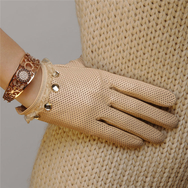 Damen-Handschuhe aus perforiertem Schaffell, atmungsaktiv, einfarbig, aus Leder, für Touchscreens, mit Vollfinger