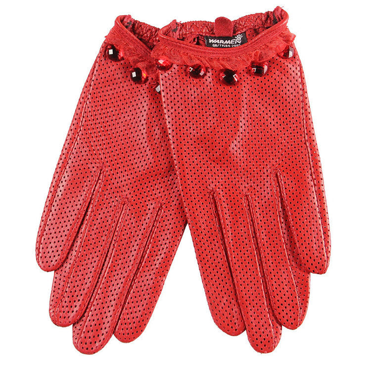 Damen-Handschuhe aus perforiertem Schaffell, atmungsaktiv, einfarbig, aus Leder, für Touchscreens, mit Vollfinger