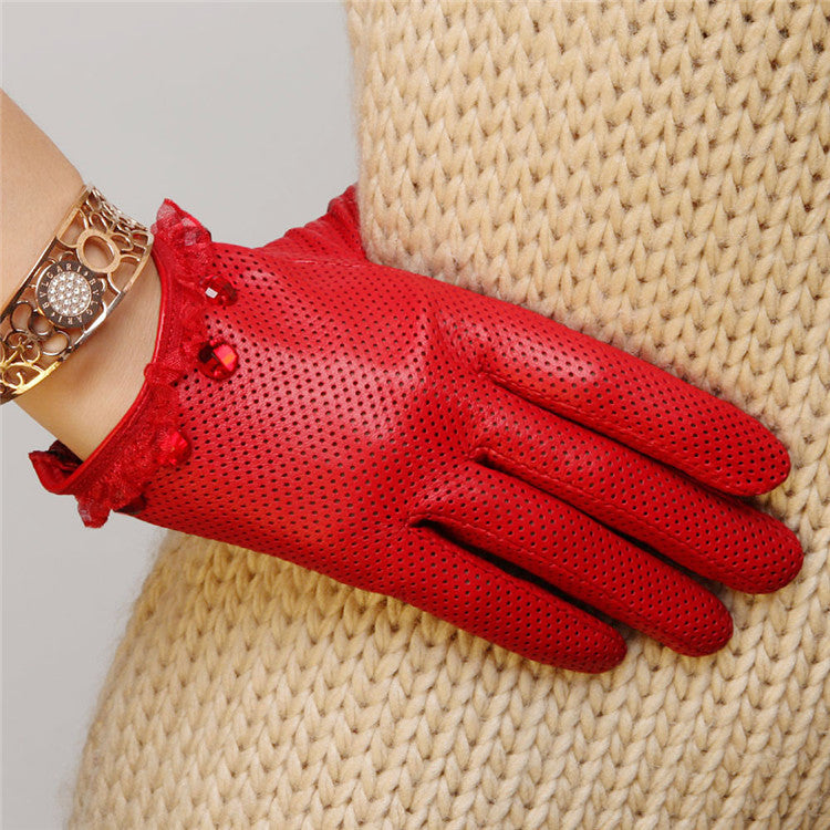 Damen-Handschuhe aus perforiertem Schaffell, atmungsaktiv, einfarbig, aus Leder, für Touchscreens, mit Vollfinger