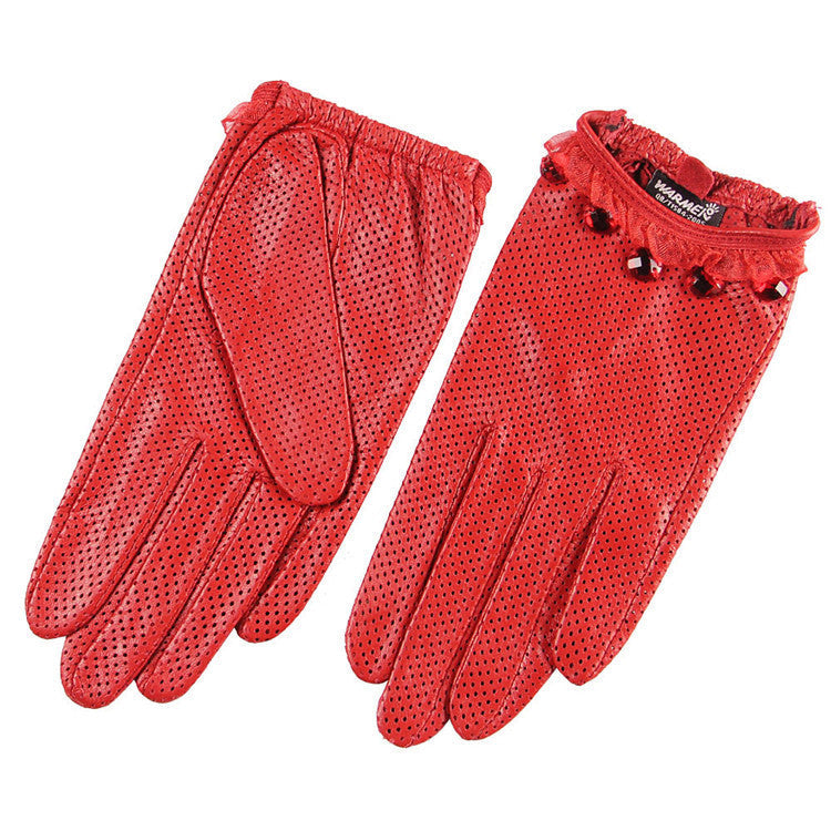 Damen-Handschuhe aus perforiertem Schaffell, atmungsaktiv, einfarbig, aus Leder, für Touchscreens, mit Vollfinger