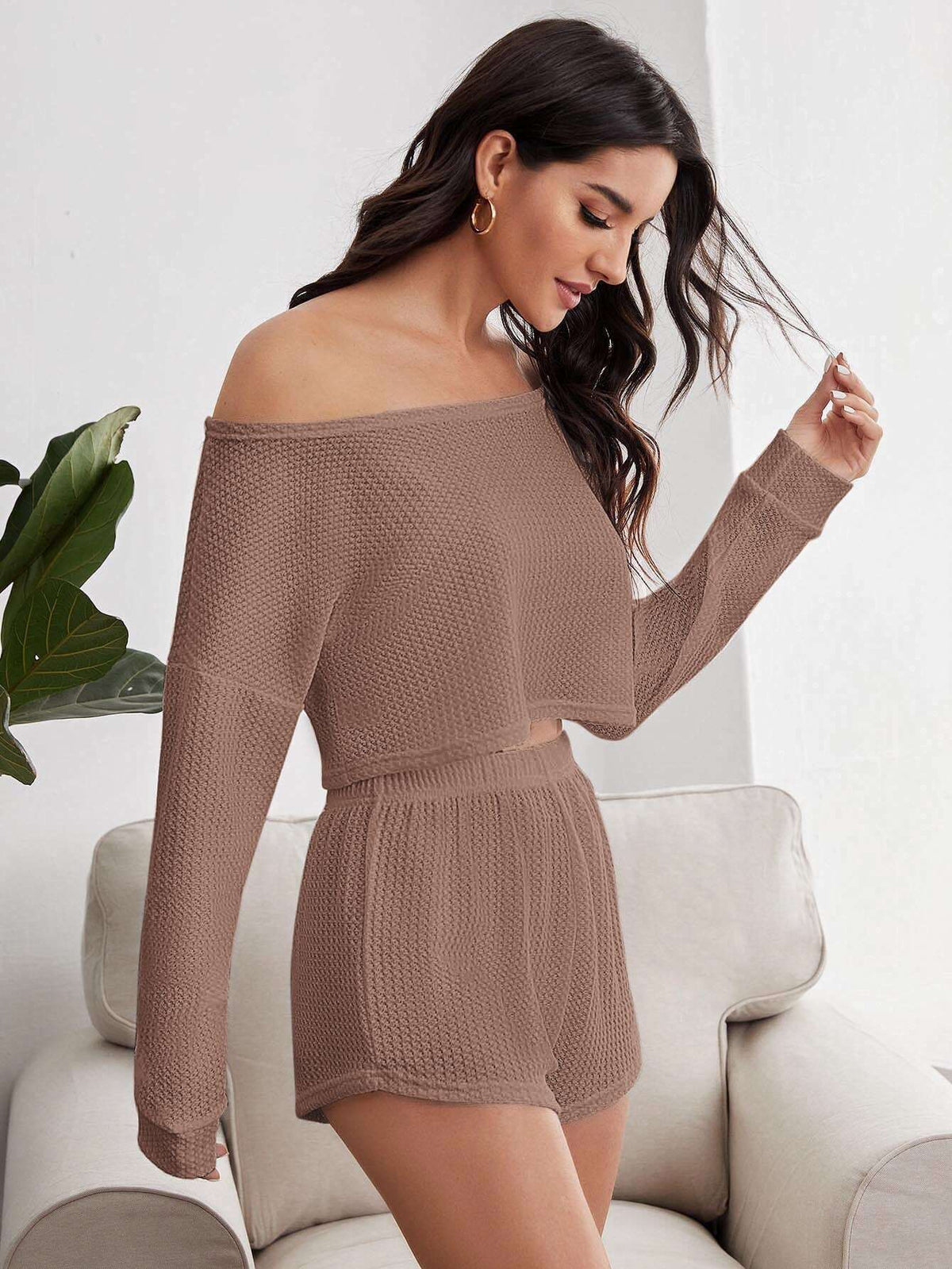 Boat Neck Drop Shoulder Waffle Knit Lounge Set