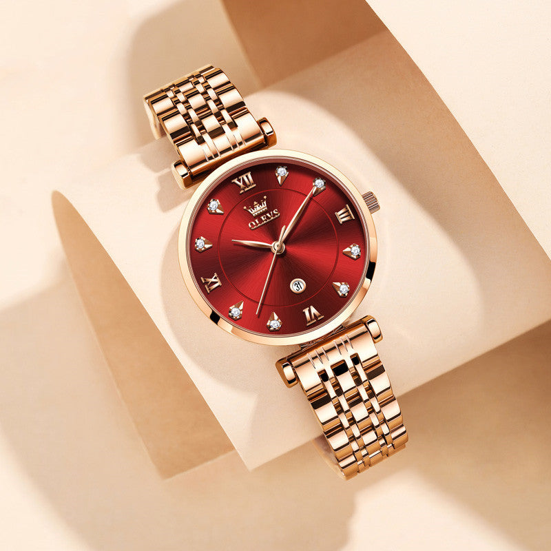 Calendar Quartz Watch Business Waterproof Ladies Watch Steel Band Red Watch