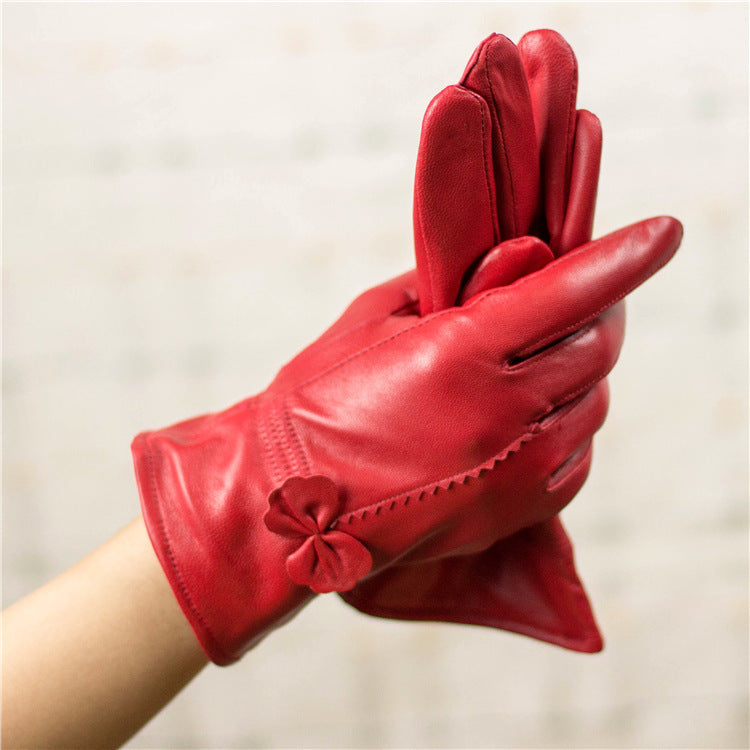 Guantes de piel de oveja para otoño e invierno para mujer, con lazo rojo frío, cálidos y de terciopelo.