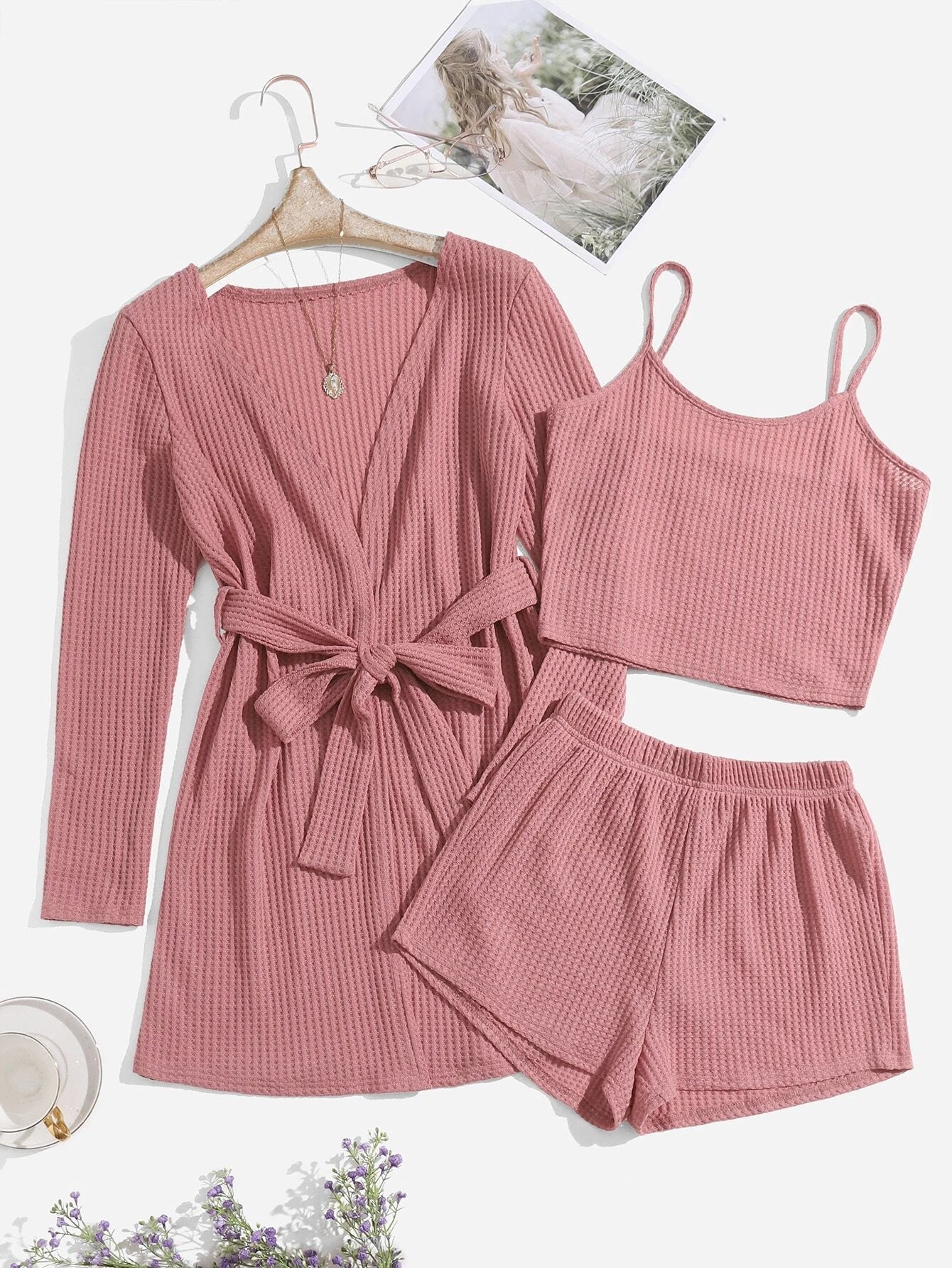 3 Pieces Waffle Knit Belted Lounge Set