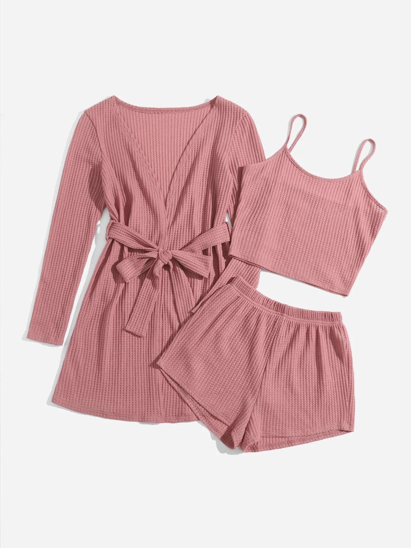 3 Pieces Waffle Knit Belted Lounge Set