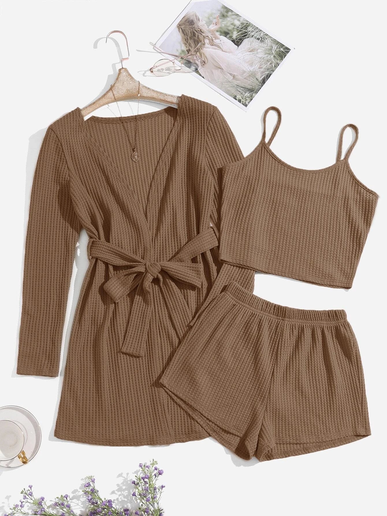 3 Pieces Waffle Knit Belted Lounge Set