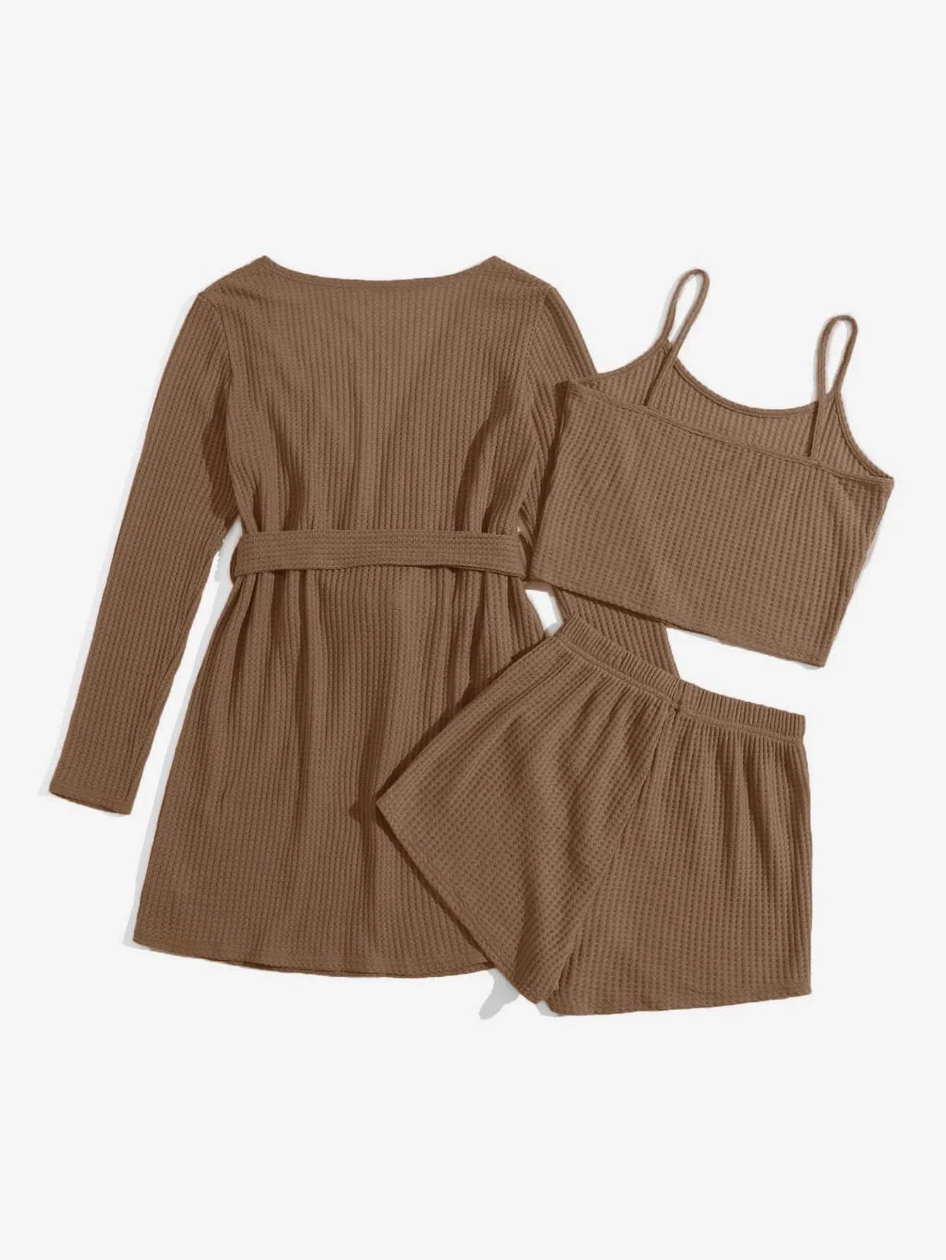 3 Pieces Waffle Knit Belted Lounge Set