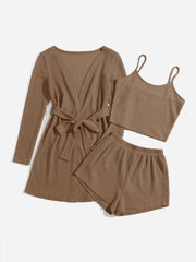 3 Pieces Waffle Knit Belted Lounge Set