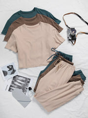 3 Sets Solid Tee And Tie Front Pants Lounge Set