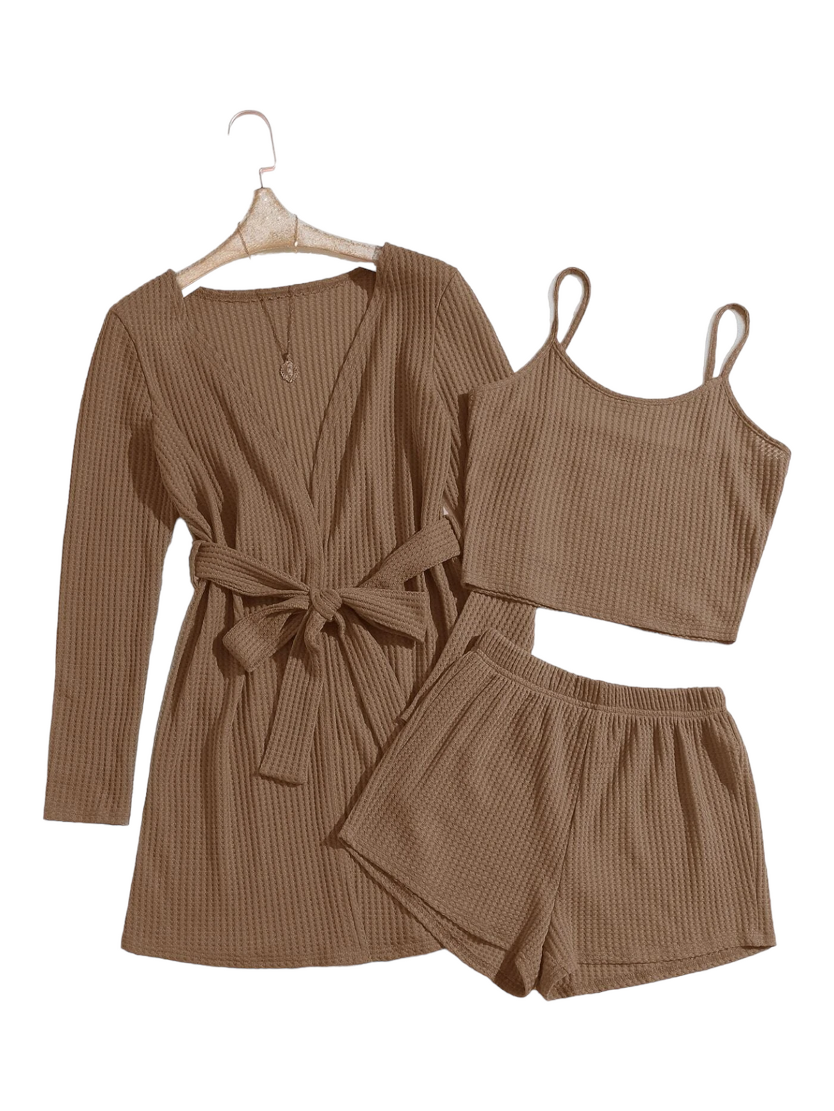 3 Pieces Waffle Knit Belted Lounge Set