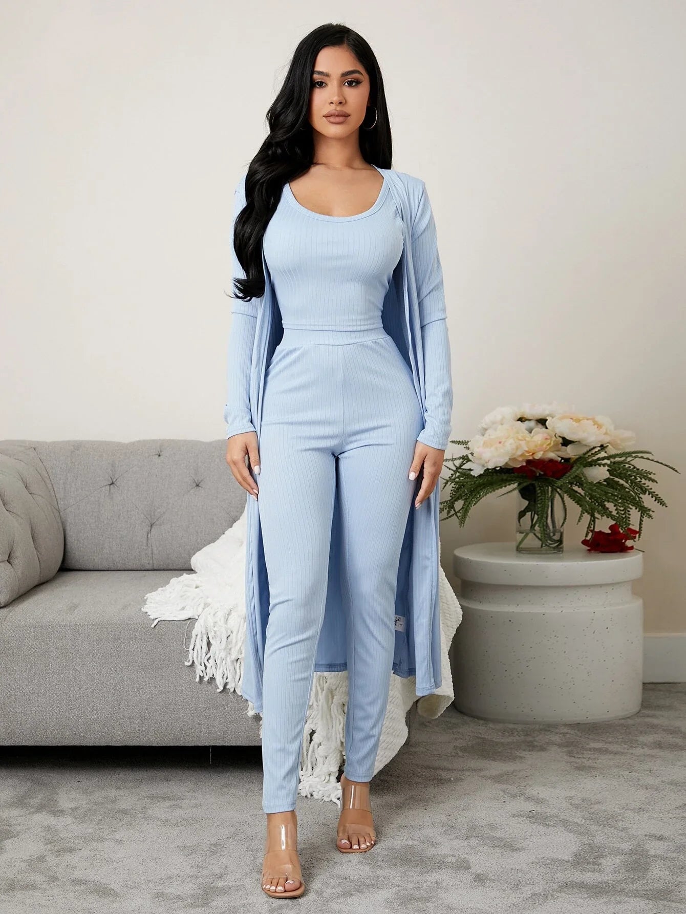 3 Pieces Ribbed Knit Lounge Set