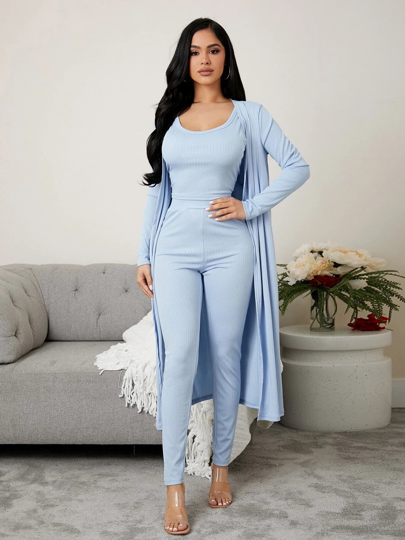 3 Pieces Ribbed Knit Lounge Set