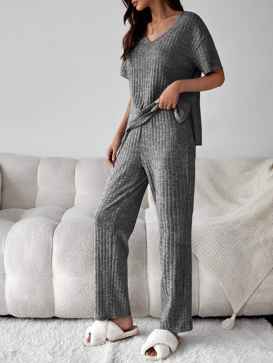 Drop Shoulder Split High Low Hem Lounge Set