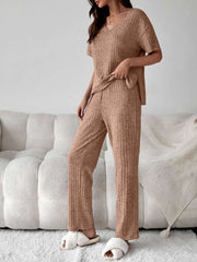 Drop Shoulder Split High Low Hem Lounge Set