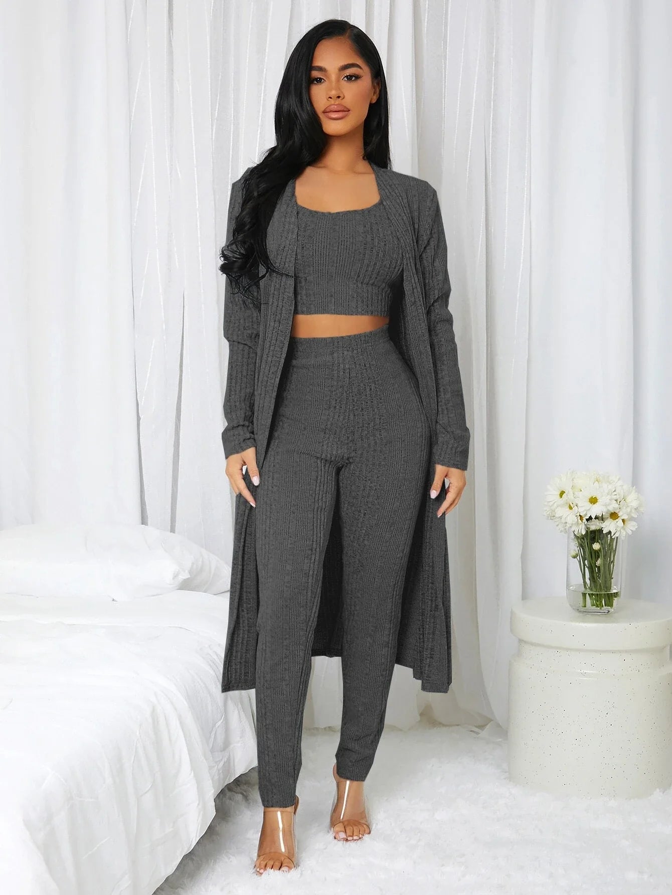 3 Pieces Ribbed Knit Lounge Set