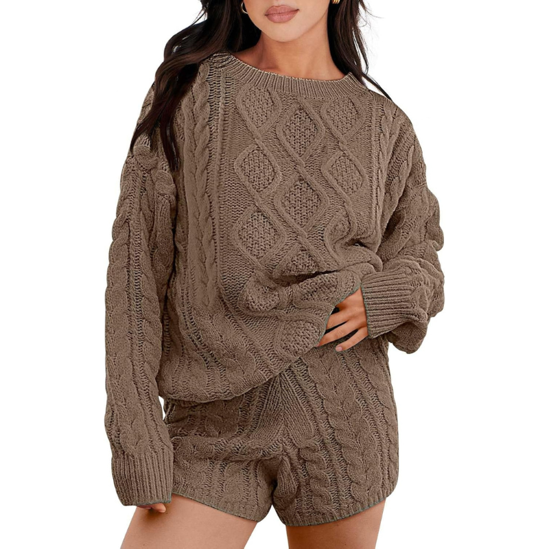 2-teiliges lässiges Set aus Pullover und Shorts mit Zopfmuster