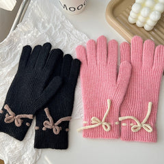 Autumn And Winter Bow Pure Color Warm Keeping Finger Gloves