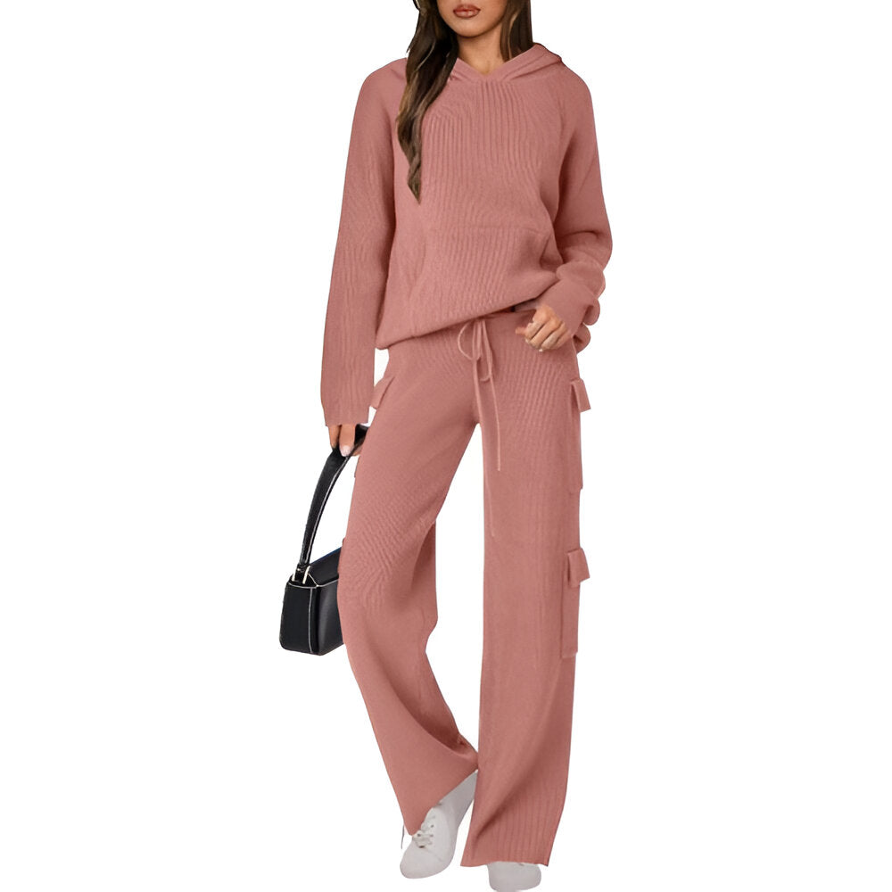 Casual Knit Hooded Top And Pants Set