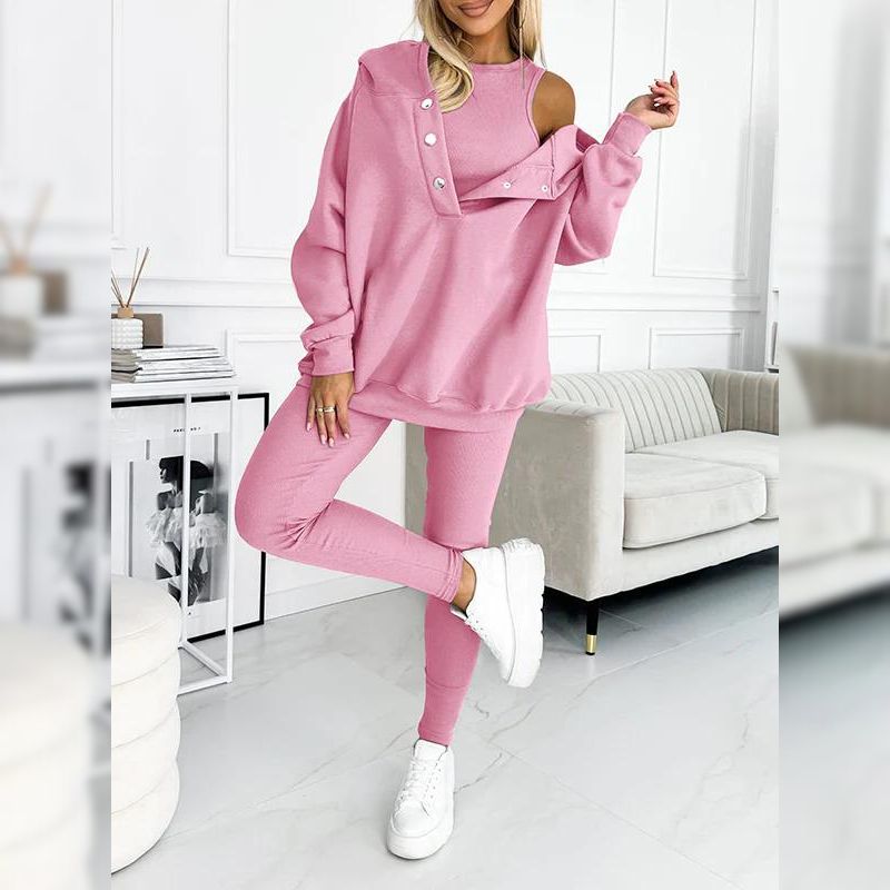 Lässiges dreiteiliges Set mit Kapuzenpullover und Leggings mit Druckknöpfen