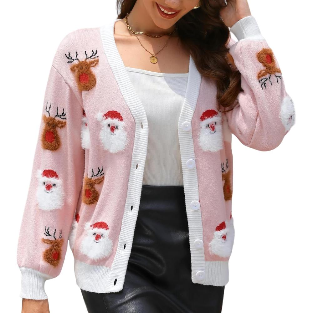 Cheerful Button Up Knitted Sweater With Christmas Charm