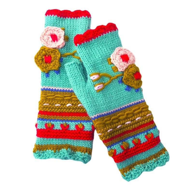 Guantes de punto cálidos para adultos con pequeñas flores y ganchillo a mano con aguja gruesa