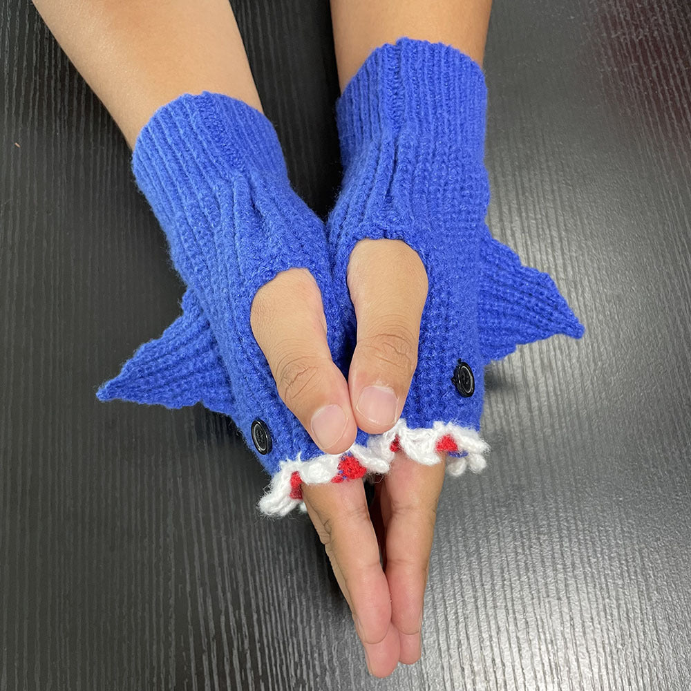 Warme Halbfinger-Strickhandschuhe mit Cartoon-grauem Hai