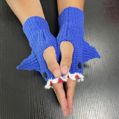 Cartoon Grey Shark Warm Half Finger Knitted Gloves