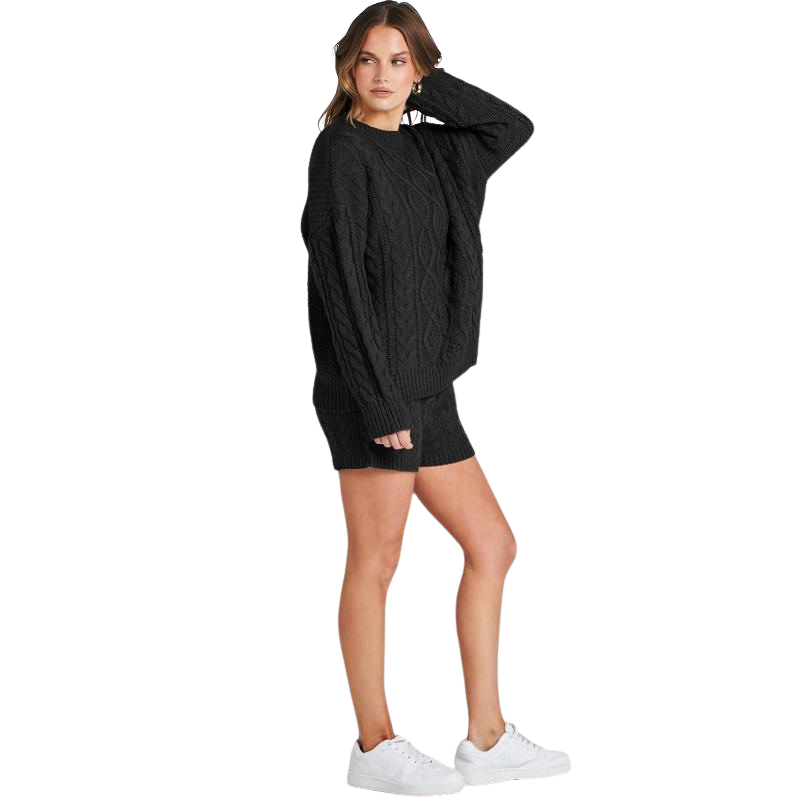 2 Piece Casual Cable Knit Sweater And Shorts Set