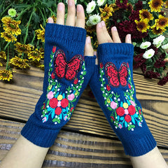 Guantes de punto largos y cálidos con diseño floral de mariposa