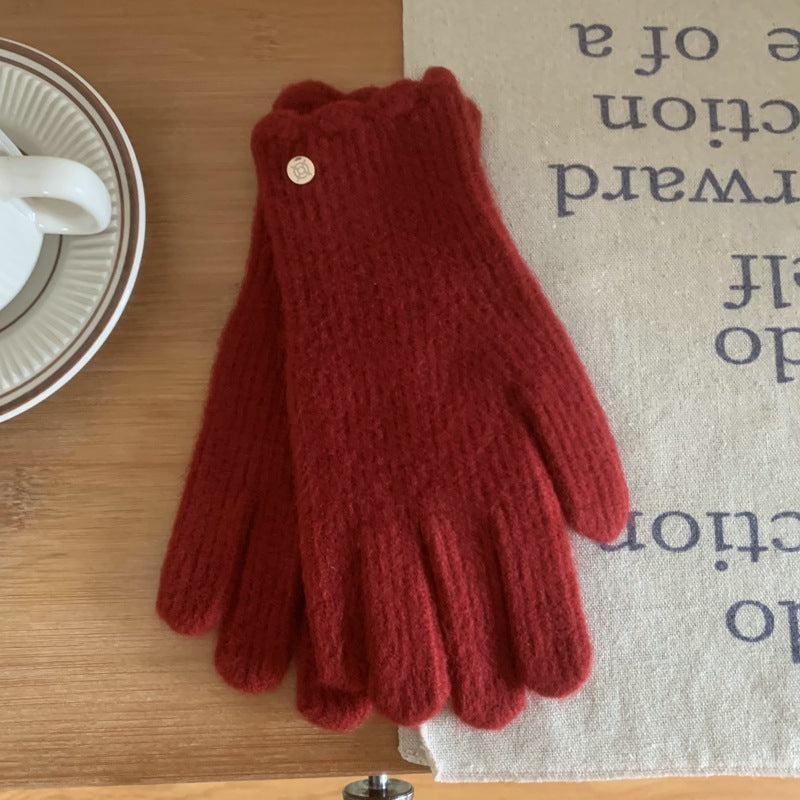 Guantes cálidos de lana con volantes de color liso para mujer en invierno