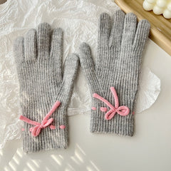 Autumn And Winter Bow Pure Color Warm Keeping Finger Gloves