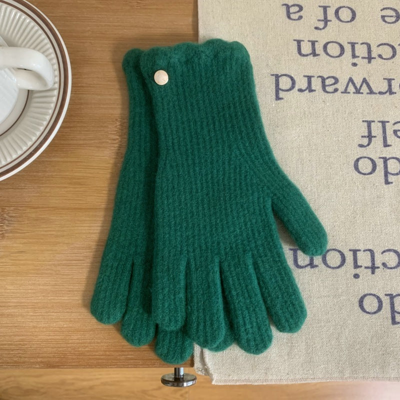 Guantes cálidos de lana con volantes de color liso para mujer en invierno