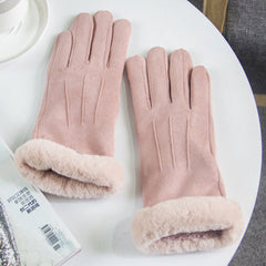 Guantes de doble capa con bordado europeo de gamuza gruesa de terciopelo, resistentes al viento y al frío.