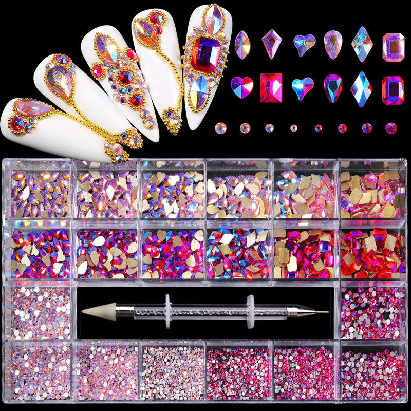 21 Grid Boxed Nail Strass Flachglas Nagel Strass Schmuck Set