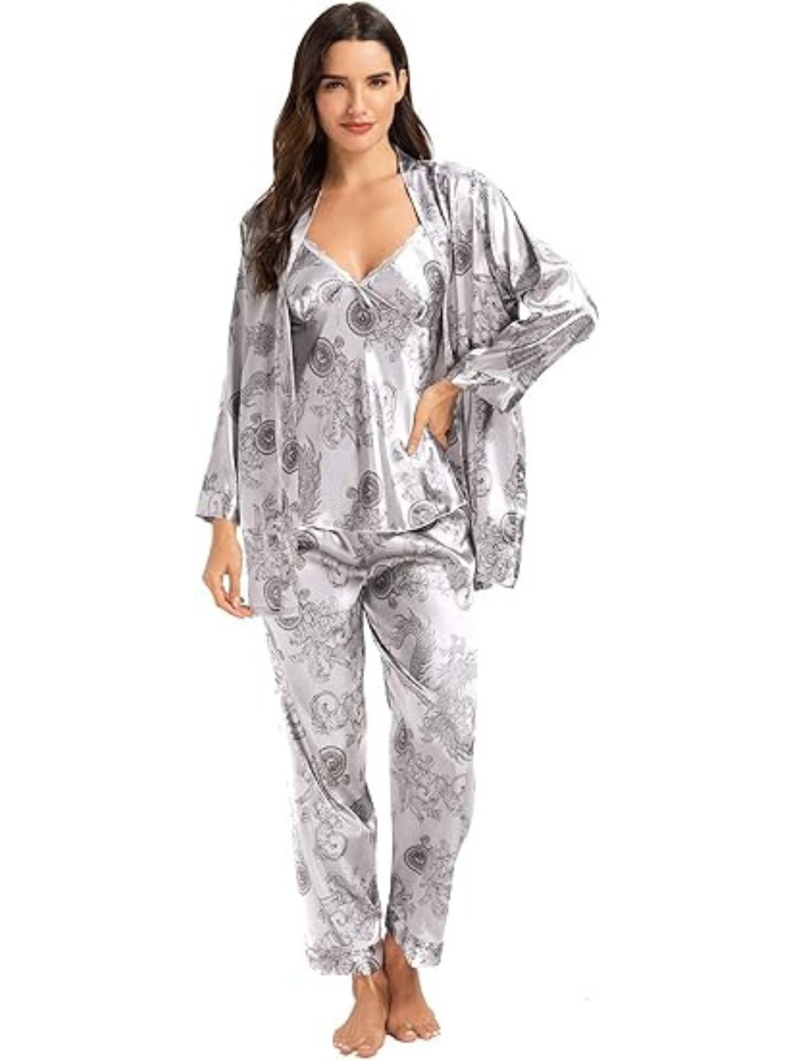 3-teiliges seidiges Pyjama-Set mit Blumenmuster