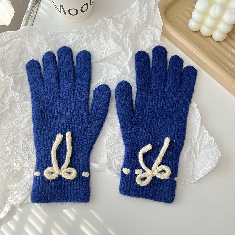 Autumn And Winter Bow Pure Color Warm Keeping Finger Gloves