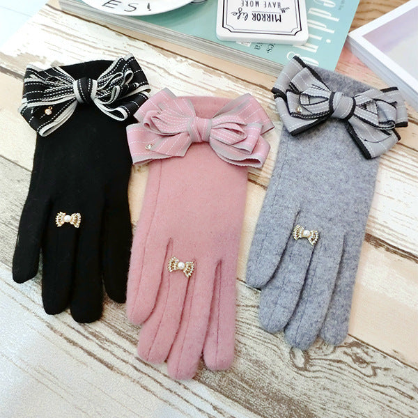 Striped Multi-layer Bowknot Thickened Gloves