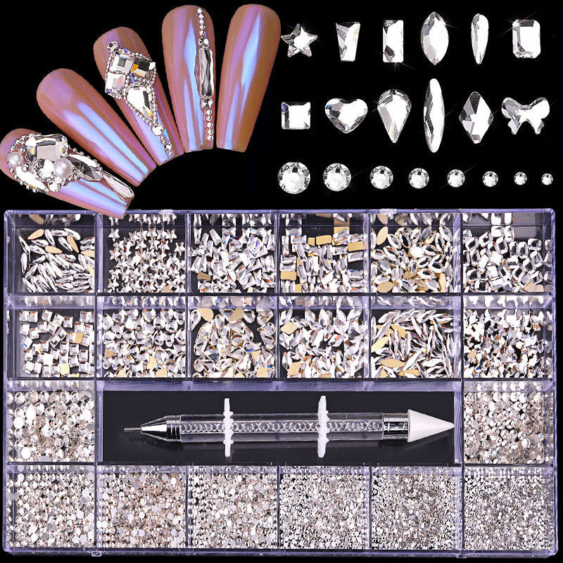 21 Grid Boxed Nail Strass Flachglas Nagel Strass Schmuck Set