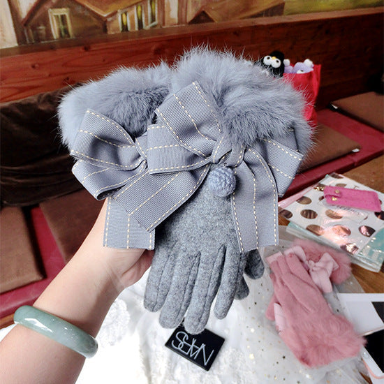 Cute Warm Gloves With Bow Fur Ball