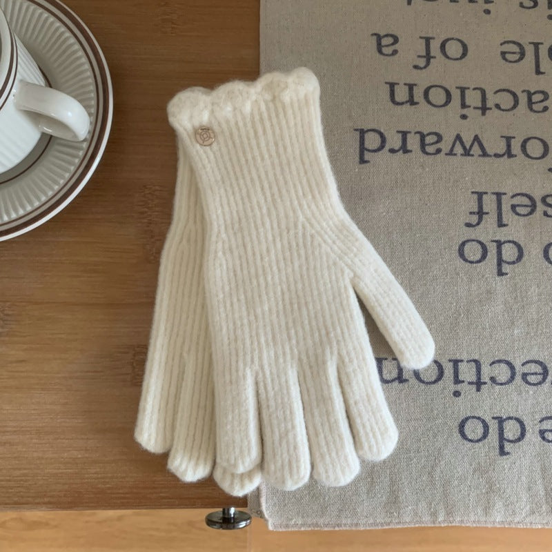 Guantes cálidos de lana con volantes de color liso para mujer en invierno