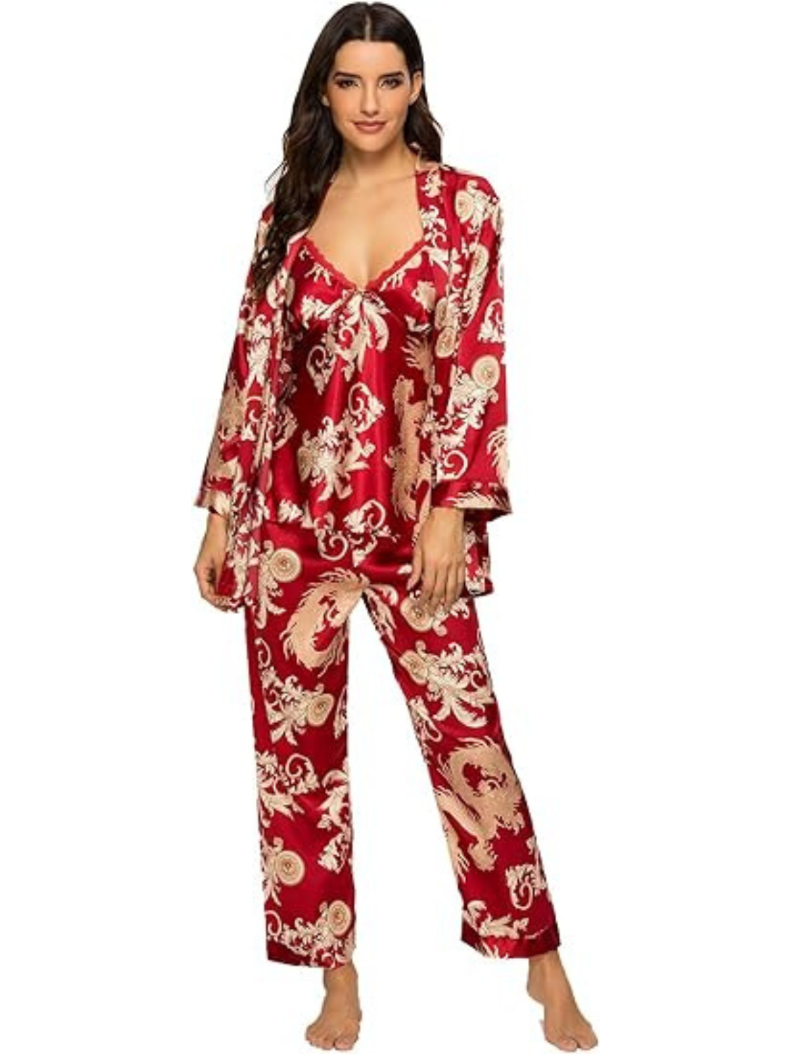 3-teiliges seidiges Pyjama-Set mit Blumenmuster